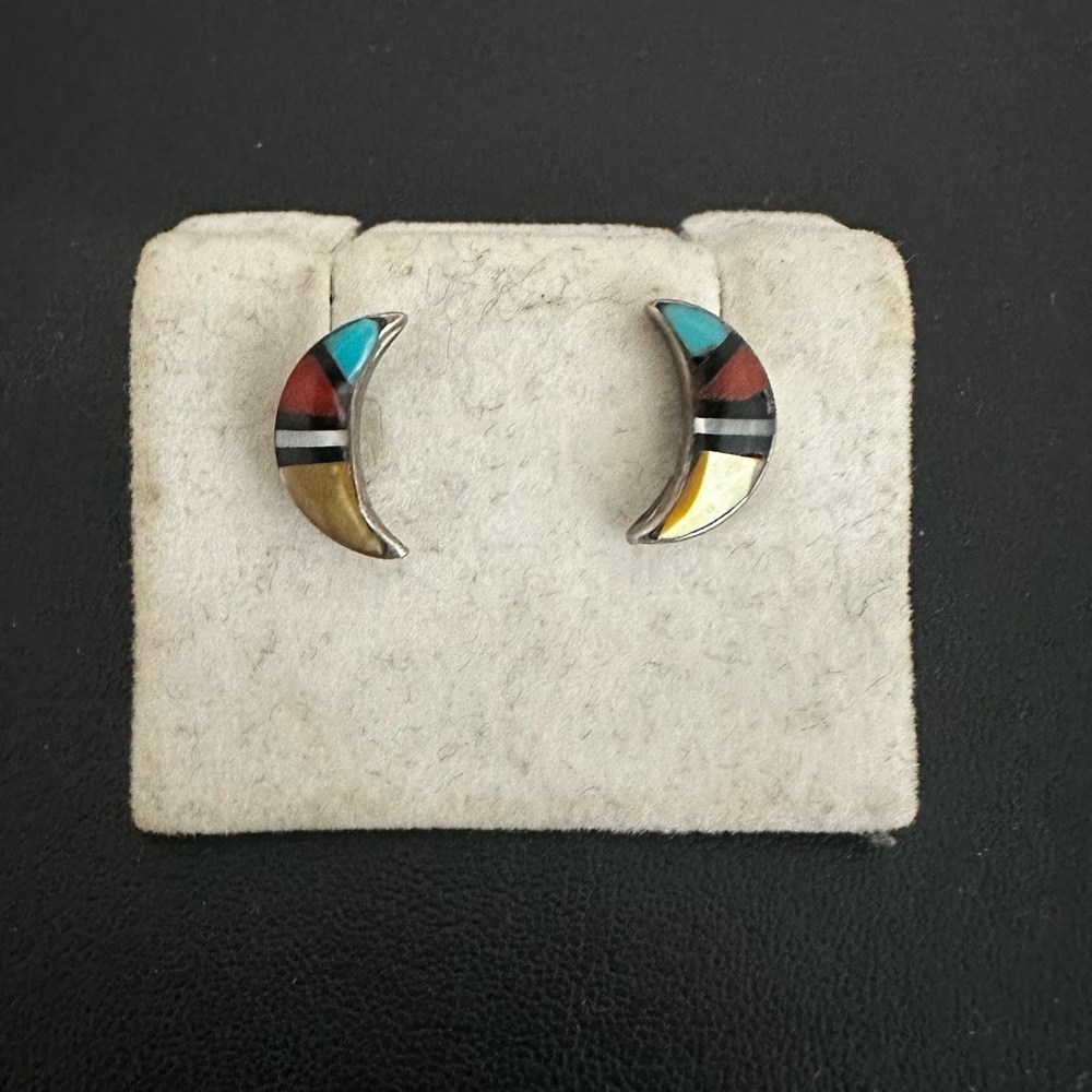 Vintage turquoise, coral multi-stone inlay crescent moon earrings.